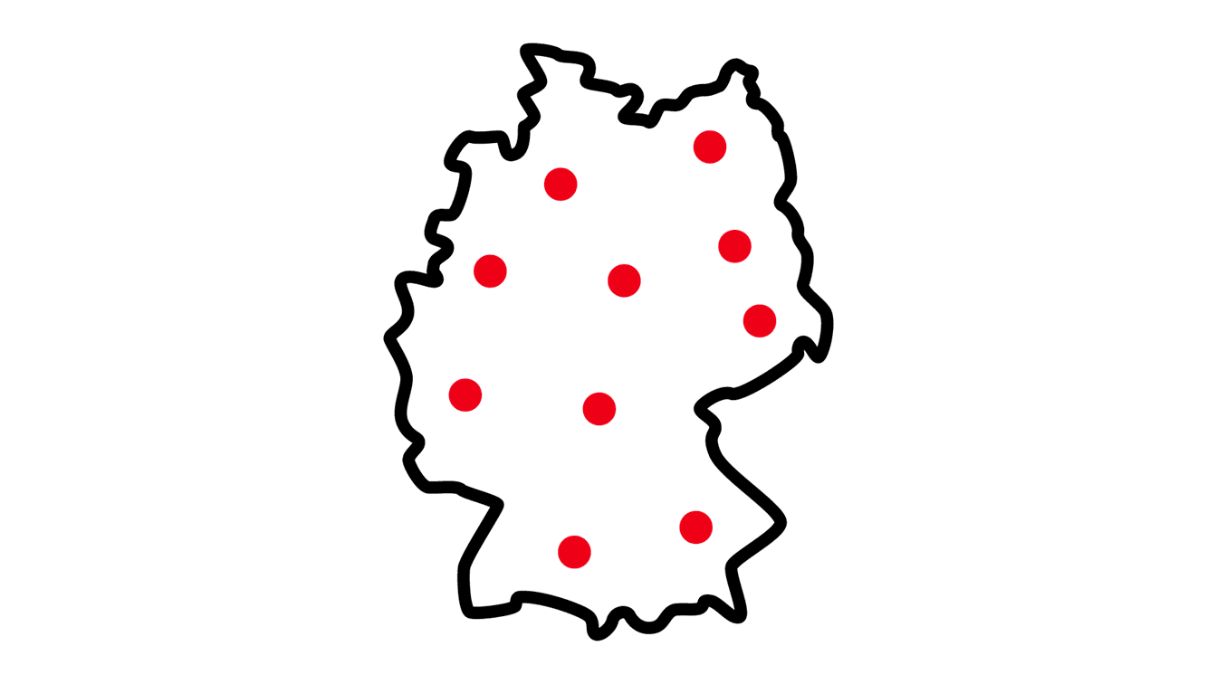 Icon einer Deutschlandkarte mit roten Punkten, symbolisiert das flächendeckende Angebot von Flinkster.