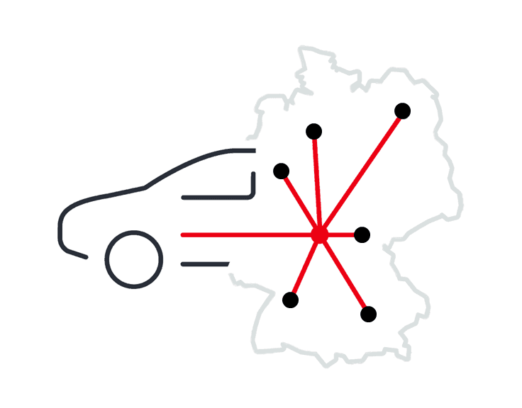 Illustration eines Autos neben einer Karte von Deutschland mit verbundenen Punkten, die das Flinkster-Netzwerk darstellen.