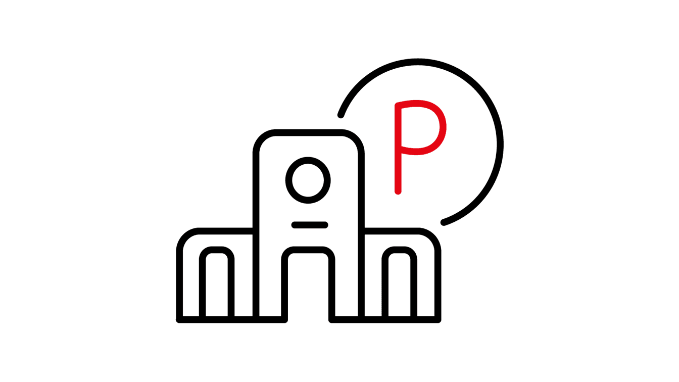Symbol eines Gebäudes, das einen Bahnhof darstellt, mit einem großen 'P' für Parken daneben. Das 'P' ist rot hervorgehoben.