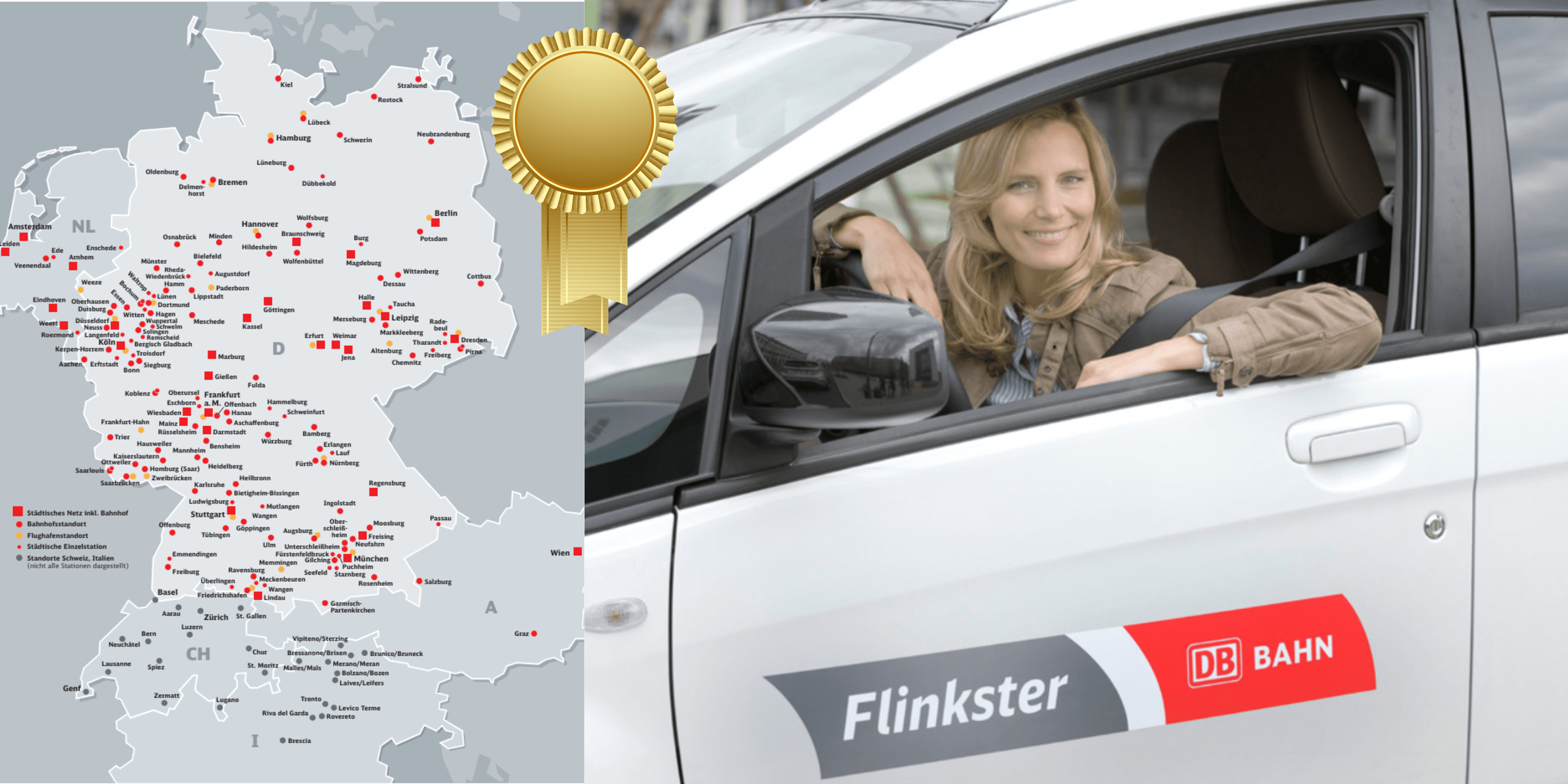 Eine Karte von Deutschland mit Flinkster-Standorten und einem Stiftung-Warentest Logo mit der Bewertung 'GUT (1,7)' für Flinkster als Carsharing-Anbieter. Rechts daneben eine Frau, die lächelnd in einem Flinkster-Auto sitzt und aus dem Fenster schaut. copyright goldene Auszeichnung: Canva / Maryna Stryzhak