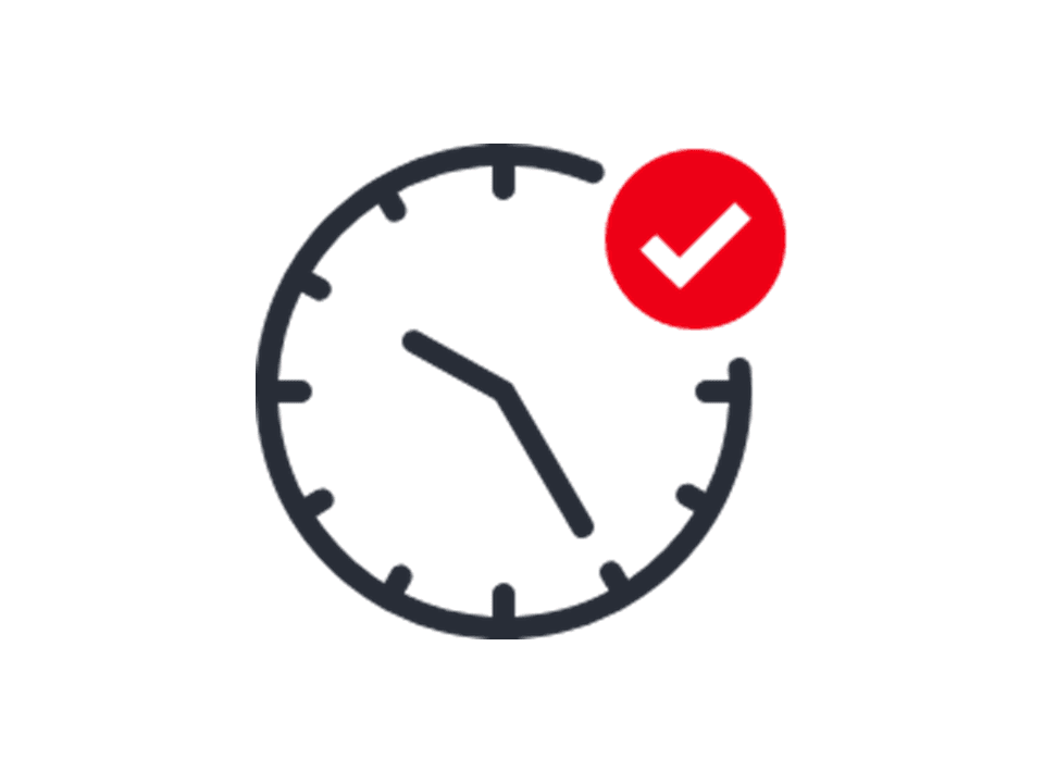 Icon einer Uhr mit einem Häkchen. Steht für die flexible Nutzung von Flinkster-Fahrzeugen rund um die Uhr.