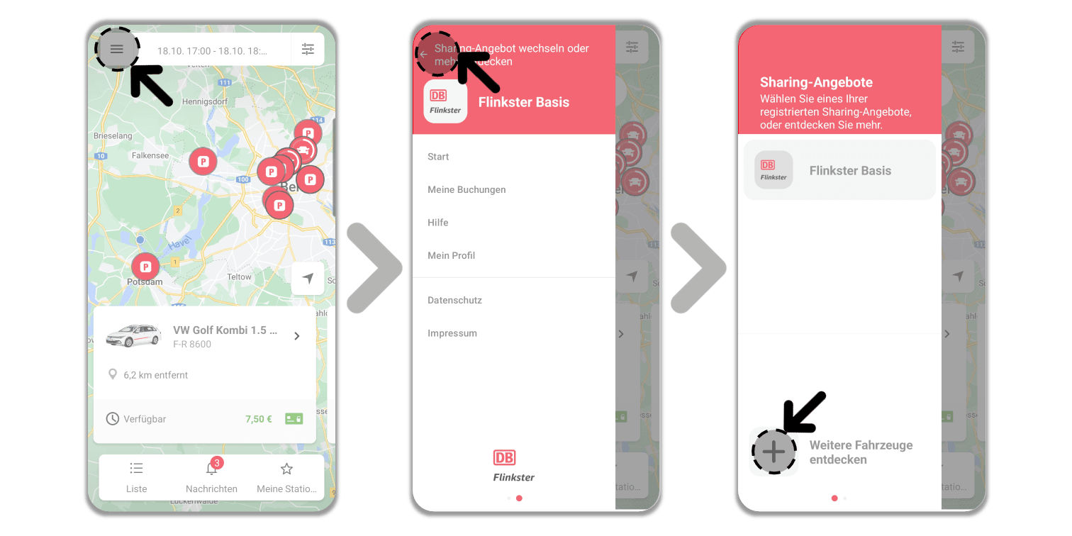 1. Teil der Anleitung zum hinzufügen eines Carsharing-Partners von der Kartenansicht bis ins Sharing-Angebot