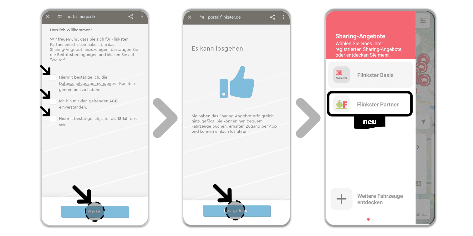 3. Teil der Anleitung zum hinzufügen eines Carsharing-Partners von der Bestätigung beim Carsharing-Partner bis zur Auflistung im Sharing-Angebot