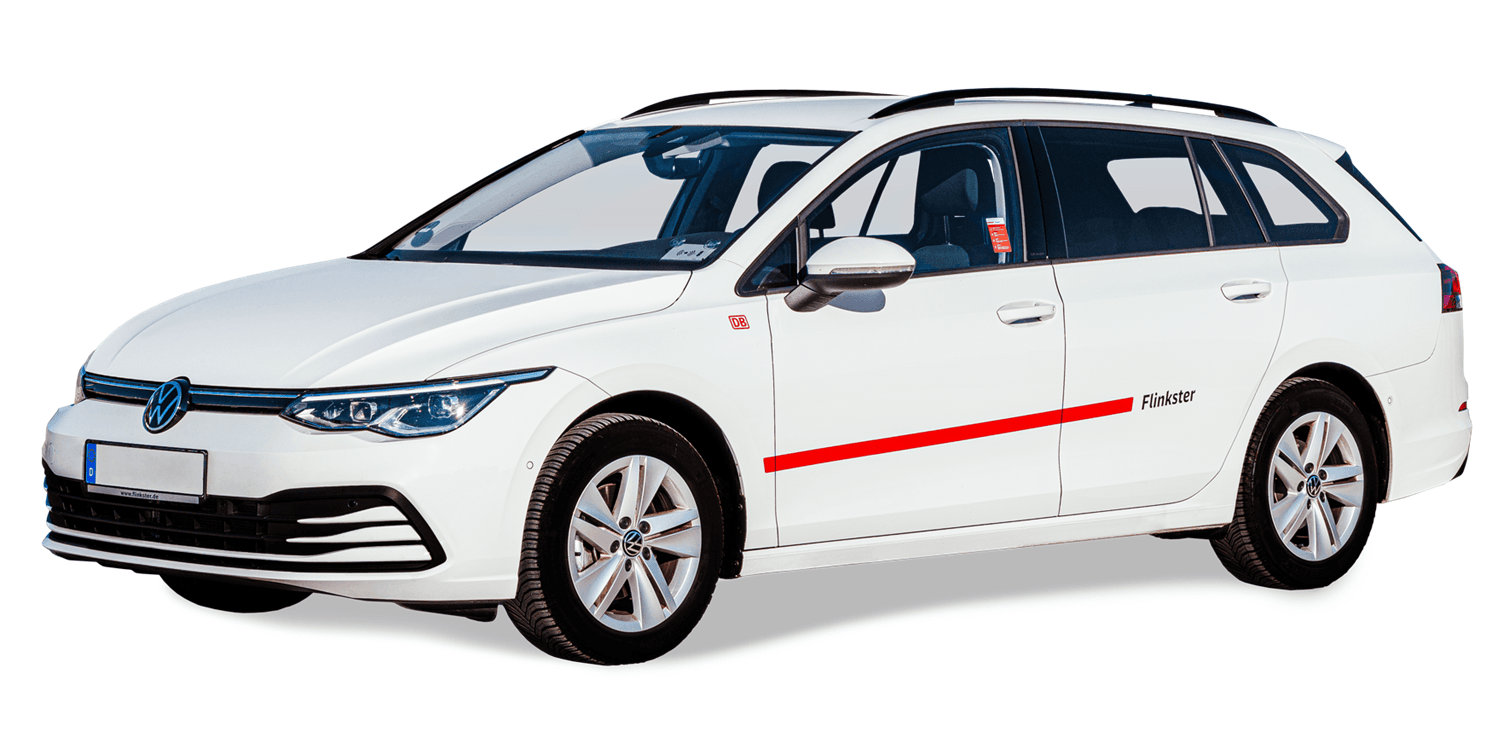Seitliche Ansicht eines weißen VW Golf Variant mit Flinkster-Branding.