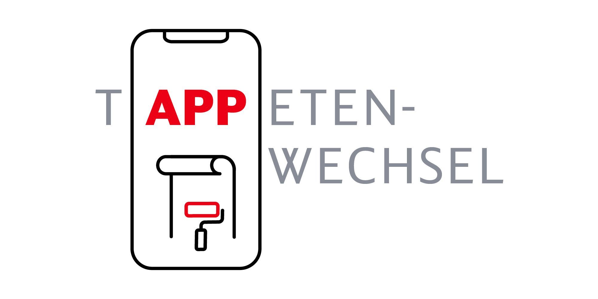 Symbolbild eines Smartphones mit einem Farbroller und dem Text „Tappetenwechsel“, wobei die Wörter „APP“ in roter Farbe gestaltet sind und auf ein Update der App hinweist.
