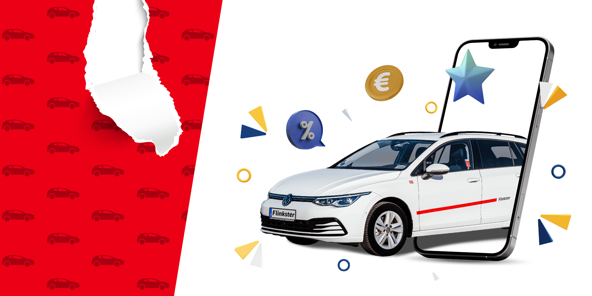 Weißes Flinkster-Fahrzeug fährt aus einem Smartphone heraus. Um das Fahrzeug sind Symbole wie Sterne, Münzen und Prozentelemente angeordnet. Im Hintergrund ist eine rote Tapete mit Autosymbolen, die teilweise aufgerissen ist.