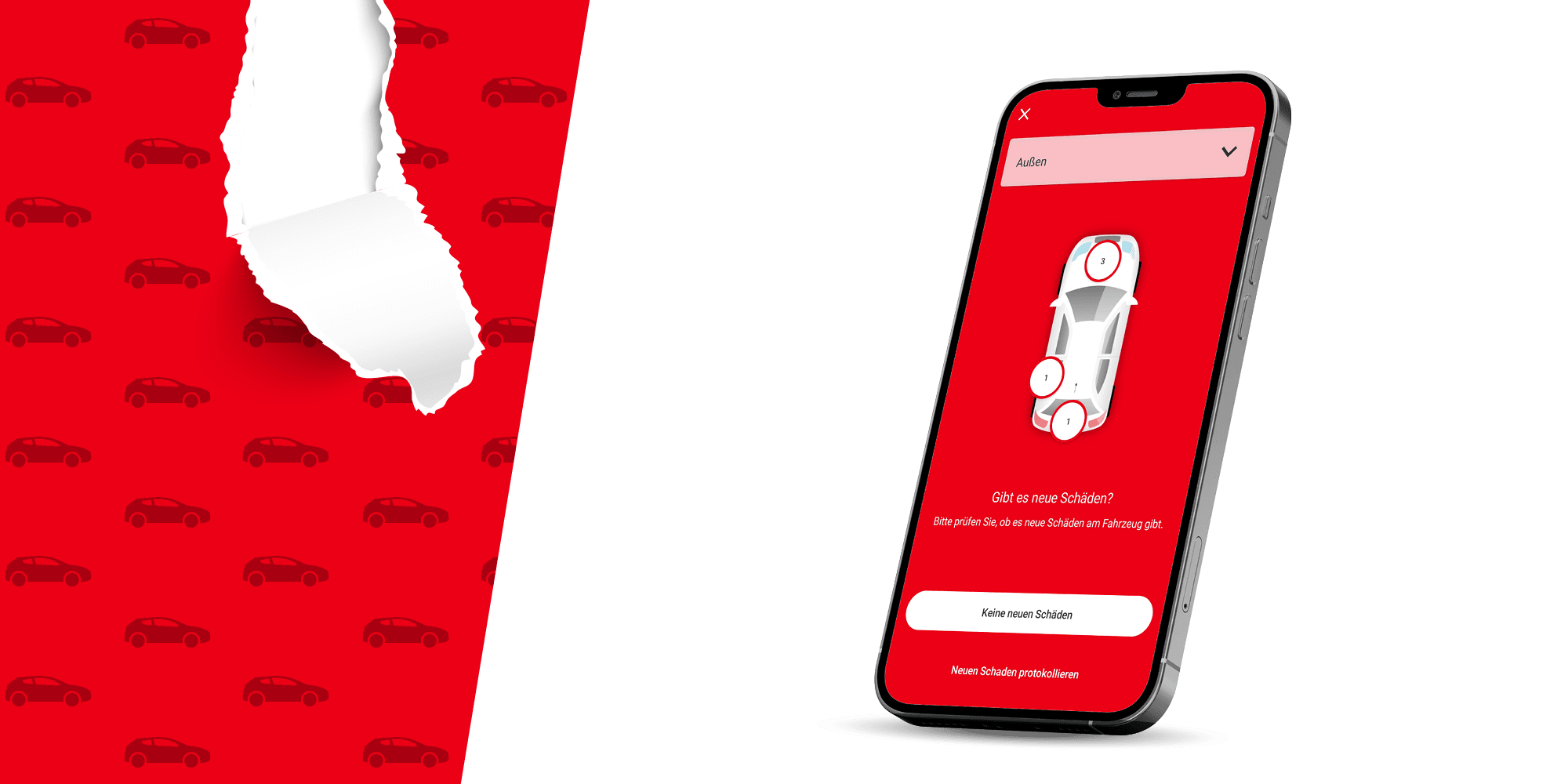 Smartphone zeigt die Funktion der Schadensmeldung in der Flinkster-App, mit einer Darstellung eines Autos und Schadenspunkten. Im Hintergrund ist eine rote Tapete mit Autosymbolen, die teilweise aufgerissen ist.