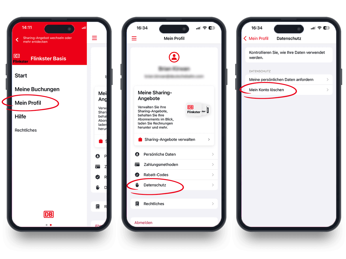 Opened Flinkster app on the smartphone, where it is shown how the user account can be deleted in the profile section of the user account.