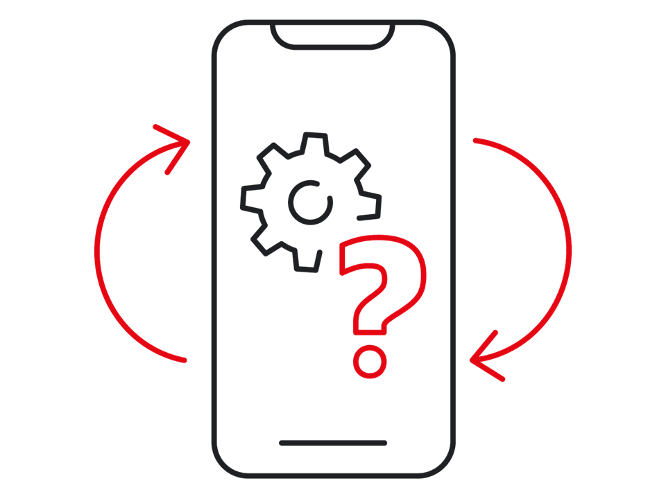 Symbolbild eines Smartphones mit einem Zahnrad und einem Fragezeichen in der Mitte, das von zwei roten Pfeilen umgeben ist.