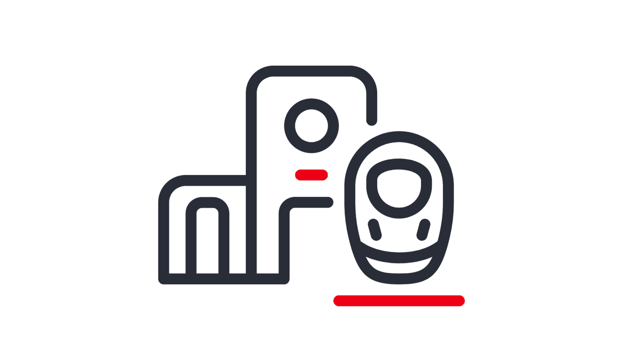 Ein Symbolbild zeigt ein Bahnhofs-Icon mit einem Zug, das die Nähe von Flinkster-Standorten zu Bahnhöfen symbolisiert.