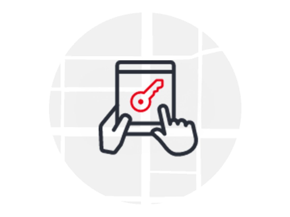 Icon eines Tablets, auf dem ein roter Schlüssel angezeigt wird, mit zwei Händen, die das Tablet bedienen, vor einem Hintergrund, der eine Karte darstellt. Symbolisiert die Registrierung.